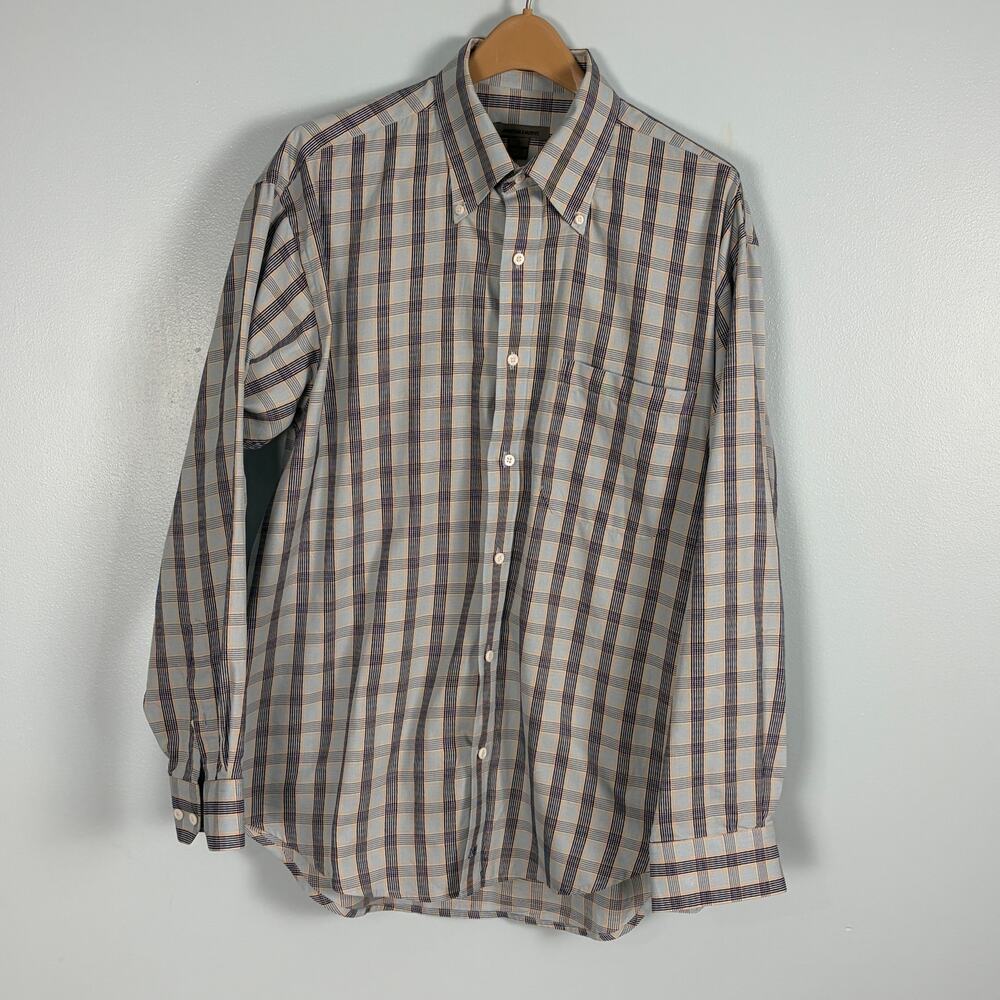 Johnston & Murphy Men's L Plaid Button Down Shirt Blue Beige Long Sleeve